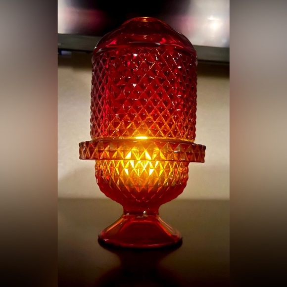 Viking Glass Ruby Red/Amberina Diamond Point Fairy Lamp Light Candle Displays - Picture 9 of 9